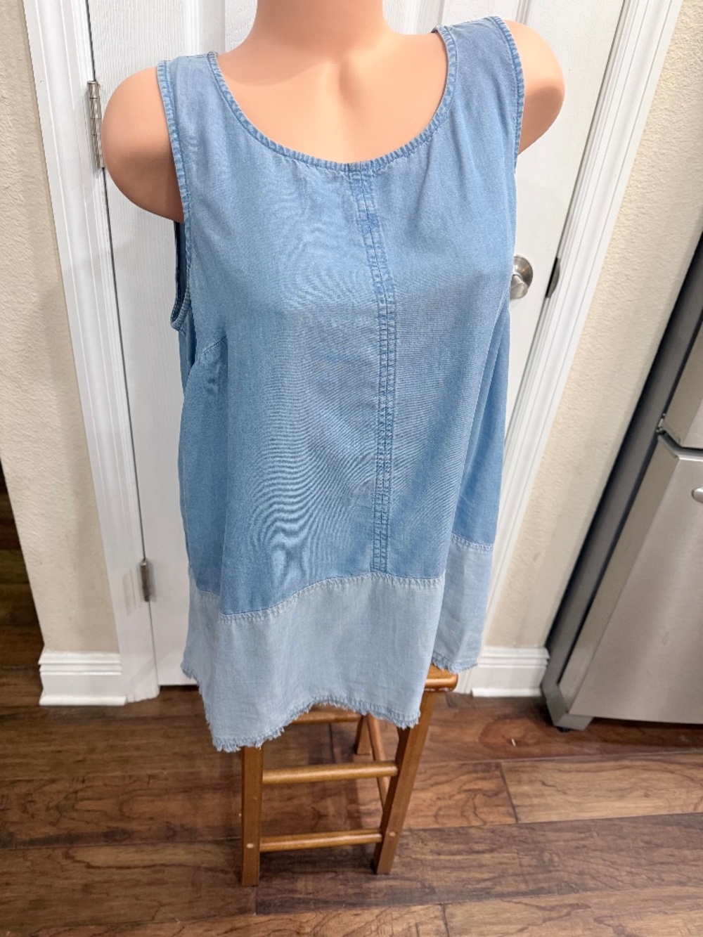J. Jill Chambray Colorblock Coastal Swing Dress Tunic Blue Frayed Hem L